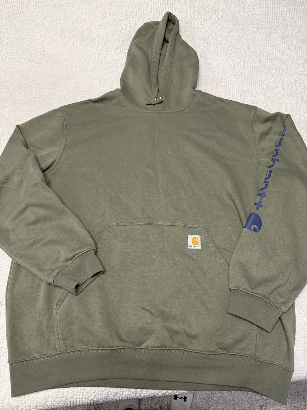 Carhartt Olive Hoodie with Navy Sleeve Logo